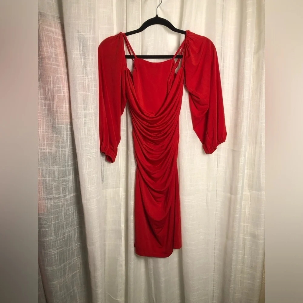 VENUS Red Draped Puff Long Sleeve Dress Small NWOT